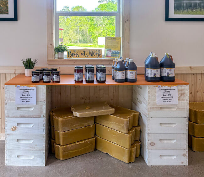 Wild Honey Box in-person store interior honey products display with mulitple sizes of honey containers and large pieces of beeswax photo